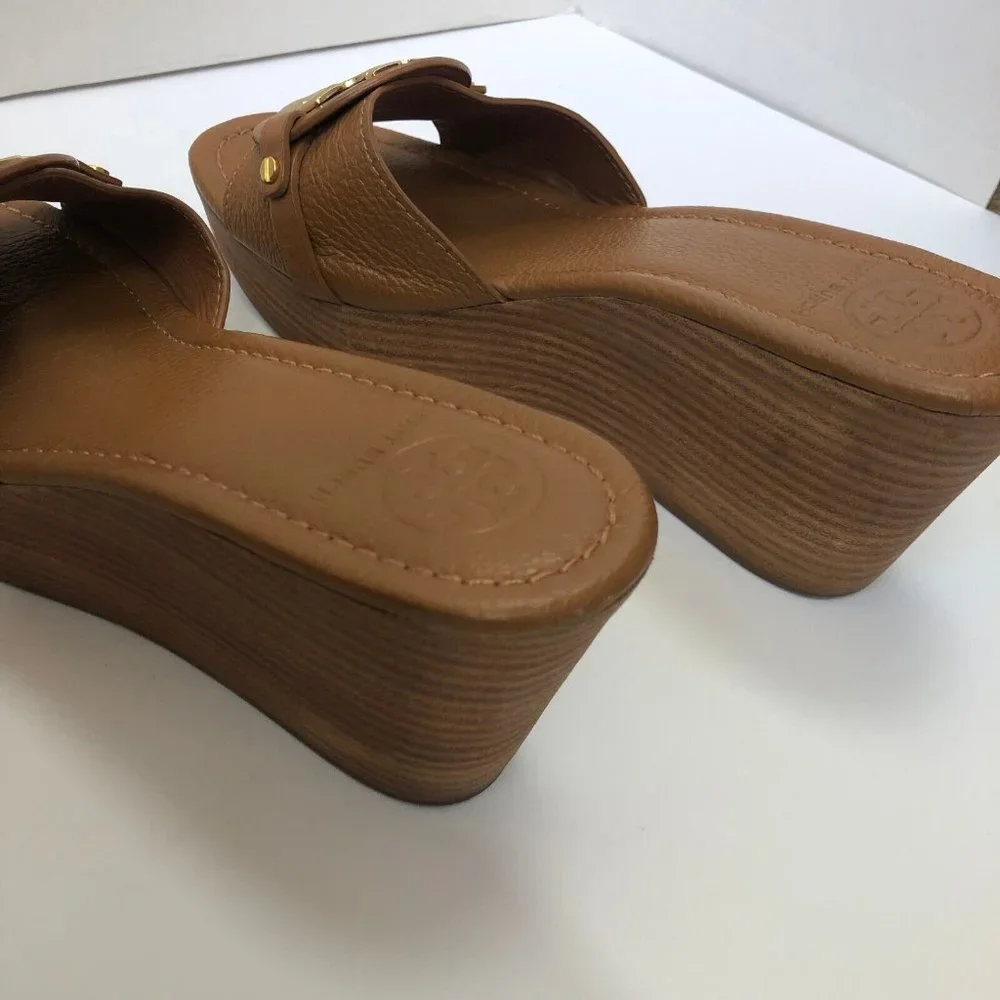 Tory Burch Patti Wedge Sandals Slides Platform Camel Brown Leather Womens 9M 9 - Picture 7 of 12